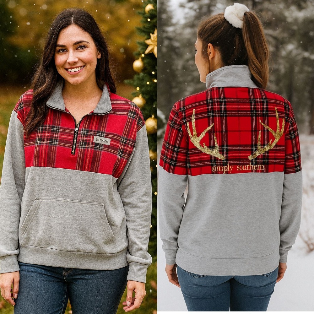 Simply Southern Red Plaid Antler Sequin 1/4 Zip‎ Sweatshirt Pullover Women's S